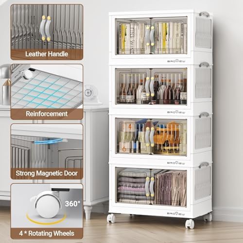 BROVIEW 225Qt Stackable Storage Bins with Lid, Extra Large Closet Organizer Collapsible Drawer Boxes with Wheels, Folding Plastic Cabinet Containers for Home Kitchen Room Organization, 5Pack White - Image 3