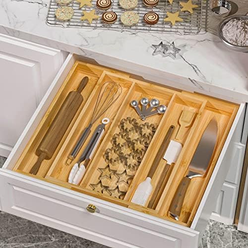 Bamboo Utensil Organizer Cutlery Organizer - Expandable 5 Slots Multipurpose Kitchen Drawer Organizer for Large Cooking Utensils, Baking Tools, Knife Set W13.7"-19.9" x L17.6" X H2.5"(Yellow) - Image 5