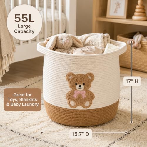 Teddy Bear Nursery Basket, Cotton Rope Baby Laundry Hamper with Handles - Image 2