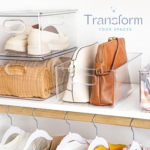 Plastic Food Storage 6 Pack Clear Container Bin with Handles for Organizing Kitchen, Pantry, Refrigerator, Freezer, Pantry, Cabinet, Closet, Bathroom. 14”x8”x5” - Image 2
