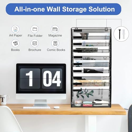 EasyPAG Wall File Holder 10 Tier Mesh Hanging Folder Organizer with Flat Tray Wall Mounted Mail Organizer Magazine Paper Desk Shelf with Nametag Label for Office Home School, Black - Image 5