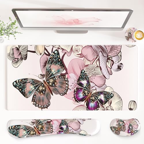 QiyI PU Leather Desk Mat Set, 4-in-1 Ergonomic Wrist Rest, Butterflies by QIYI