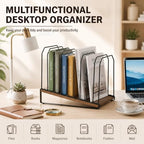 9 Section Inclined Vertical Desk File Organizer, Metal Frame and Wood Base - Image 5