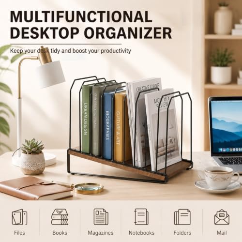 9 Section Inclined Vertical Desk File Organizer, Metal Frame and Wood Base - Image 5