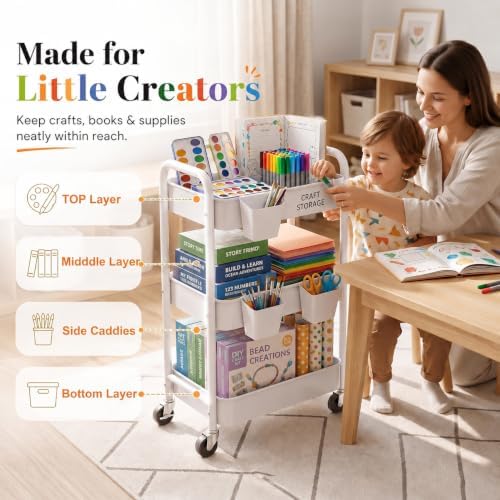 3 Tier Heavy Duty Metal Rolling Storage Cart Organizer with Wheels, White - Image 5