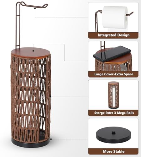 Trongee Freestanding Toilet Paper Holder with Storage,3 Rolls of Rattan Tissue Holder for Bathroom,Woven Toilet Paper Roll Holder Stand,Boho Bathroom Decor Farmhouse Toilet Paper Storage-Deep Brown - Image 6
