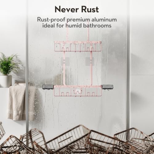 Over the Door Shower Caddy Hanging With Double Soap Holder Never Rust Aluminum Shower Shelf With 4 Hooks Hanging Bathroom Organizer No Drilling Shelves for Bathroom Storage Pink - Image 4