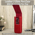 Top Grain Genuine Leather 3 Pen/Pencil Tray Case Holder, Solid Fashion Design No Logo, Handmade, Magnetic Closing with Drawer Design, Gift Choice for Man/Woman/Office, Glossy Red, 3 Slots - Image 3