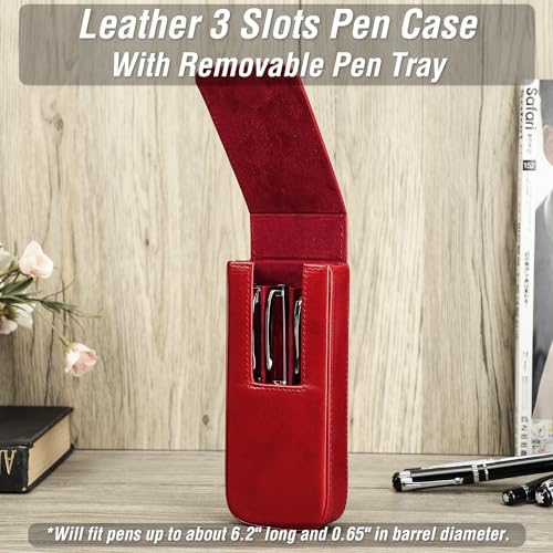 Top Grain Genuine Leather 3 Pen/Pencil Tray Case Holder, Solid Fashion Design No Logo, Handmade, Magnetic Closing with Drawer Design, Gift Choice for Man/Woman/Office, Glossy Red, 3 Slots - Image 3