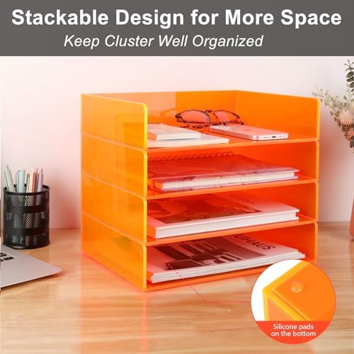 Gelite Acrylic File Organizer for Desk 4 Tiered Stackable Letter Tray Office Paper Storage Desktop Document Sorter, Neon Orange - Image 6
