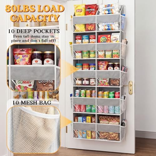 2 Pack Over the Door Organizer 5 Tiers, Extra Large Behind Door Storage of 10 Compartments, 80 lbs Weight Capacity Over Door Organizer, Door Hanging Organizer for Closet, Diaper Organizer, Light Gray - Image 2