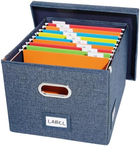 Hanging File Box with Lid & Metal Rails 16.7"x 13.6" x 11.2", Blue by DYWMM