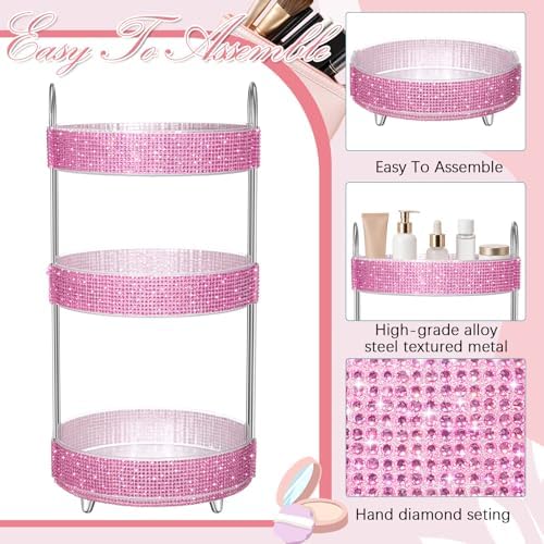 Honeydak Rotating Perfume Organizer Tray, 3 Tiers, Resin Diamond, Pink - Image 3