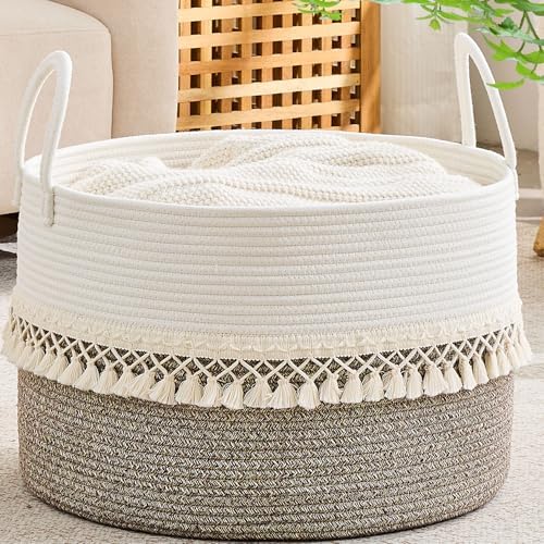 KAKAMAY Large Blanket Basket with Handles, Storage Basket for Living Room by KAKAMAY