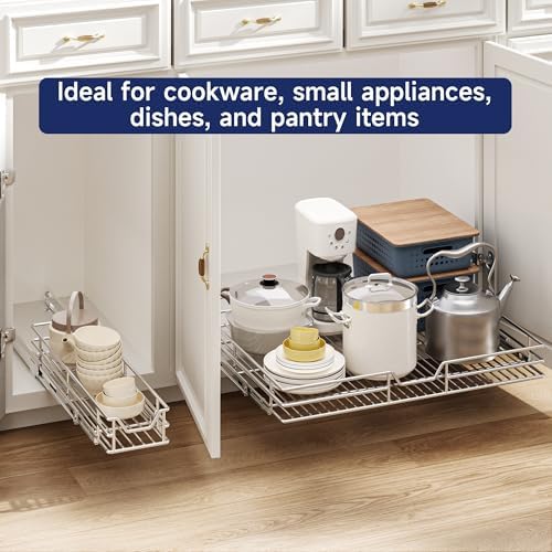 Pull Out Cabinet Organizer, 19.5" W x 21.5" D, Heavy Duty Chrome Slide Out Shelf for Base Cabinets, Sliding Wire Basket Drawer for Pantry Items, Bowls, Containers & Cleaning Supplies - Image 6