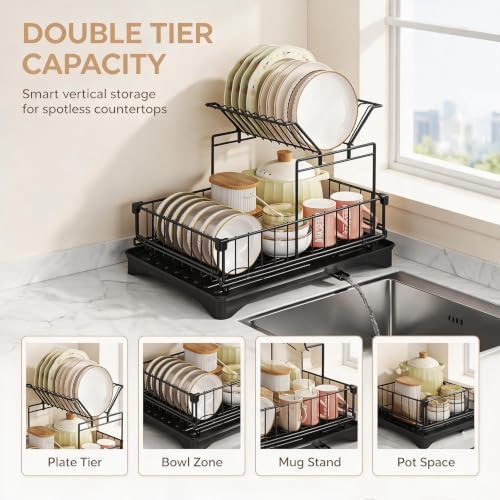 2-Tier Large Dish Drying Rack for Kitchen Counter, Dish Rack Auto Drain - Image 3