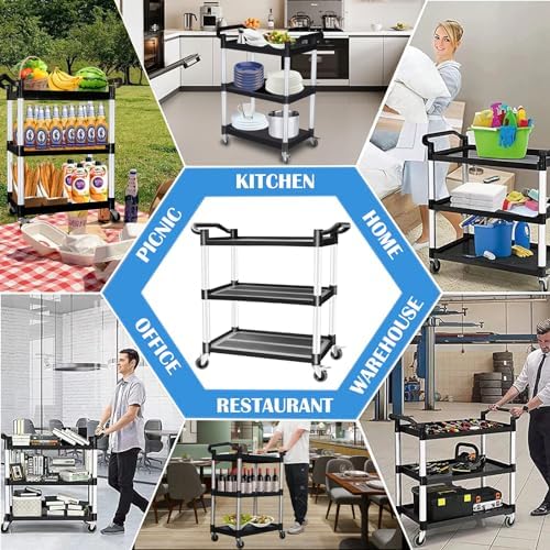Utility Carts with Wheels, Rolling Kitchen Cart, 3 Tier Cart, Food Service Cart, Restaurant Kitchen Cart, Plastic Heavy Duty Cart for Office Business, 510lbs 16.9" D x 31.5" W x 37.8" H - Image 2
