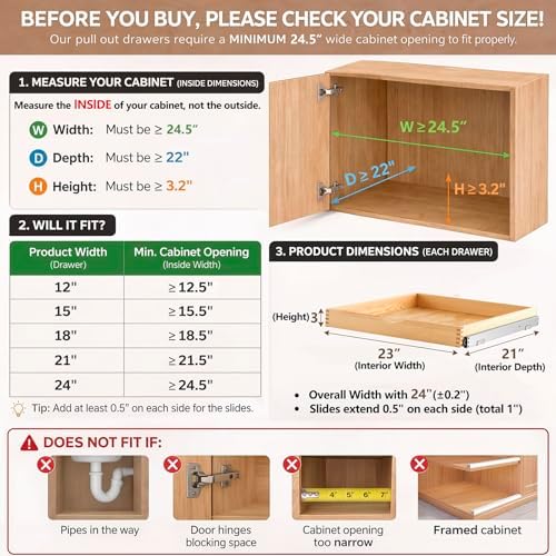 Menkxi 2 Set Wooden Pull out Cabinet Organizer Fully Assembled Slide out Pantry Drawer with Gentle Close Storage Shelf Tray for Base Kitchen Under Sink Bathroom Accessory(Wood Color,24'' X 21'' X 3'') - Image 2