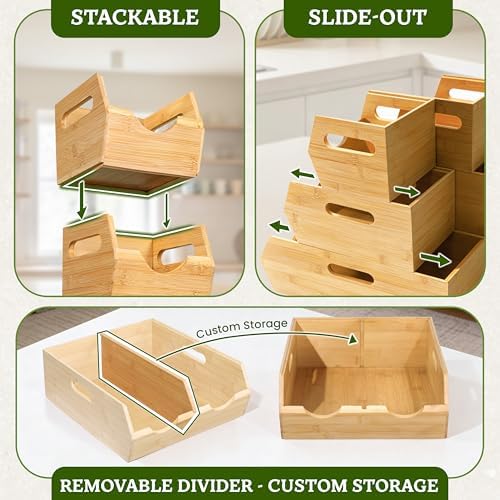 HOMESTEAD 3-Tier Bamboo Pantry Storage Bins – Stackable Potato & Onion Storage Bin with Handles, Fruit Basket & Produce Organizer for Kitchen Countertop, Pantry Organization, Set of 5 - Image 4