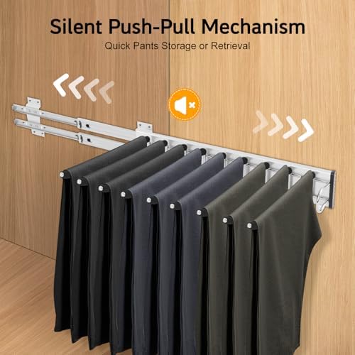 9 Arms Steel Slide Out Pants Rack Closet Pants Hanger Bar Pull Out Trousers Rack Tie Belts Scarf Racks, Wardrobe Clothes Organizers Rail Pull Out Closet Storage Rod-(Right Side Mounts) - Image 5
