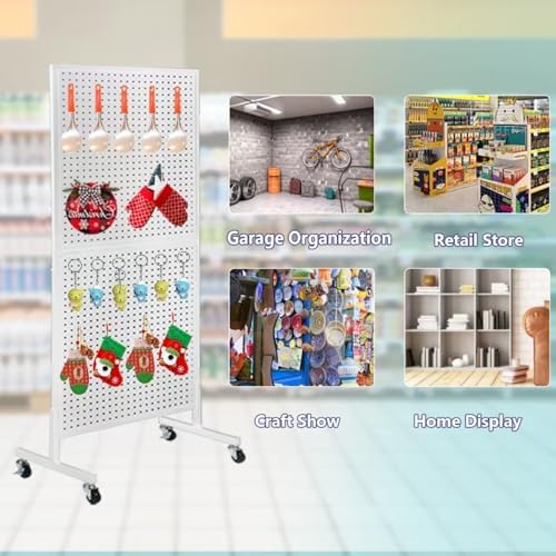 NectaCol 2'x 5' Standing Pegboard Display with T-Base, Pegboard Display Stand with Wheels, Metal Peg Board Display Rack, Art Display Stand, Extra 10 Pieces Hooks - White - Image 4