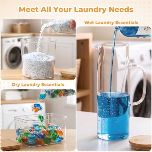 Acrylic Laundry Pod Containers and Dryer Sheet Holder & Glass Laundry Detergent Dispenser with Handle, Labels, and Spoons, for Laundry Room Organization and Storage (5 Pack, Wood Brown) - Image 5