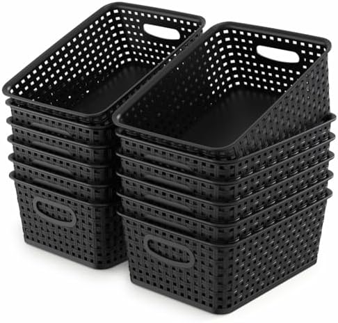 WYT 12-Pack Plastic Small Shelf Storage Weave Baskets for Organizing, Black by WYT