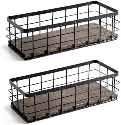 ROSE BLOOM Small Metal Wire Storage Basket, Decorative Wood Base Organizer Bins for Bathroom, Kitchen, Laundry Room, Pantry, Basket for Toilet Paper, Fruits, Spices (2 Pack) by ROSEBLOOM