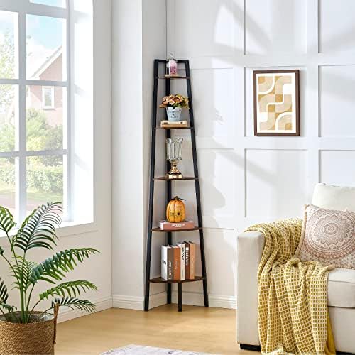 Hoctieon Corner Shelf, 5-Tier Corner Bookshelf, Rustic Ladder Shelf, Industrial Display Stand for Living Room, Kitchen, Home Office, Balcony, Small Space, Metal Frame, Rustic Brown - Image 5