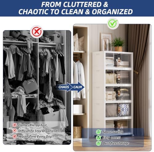 SAILUN 666QT/166Gal Stackable Storage Bins with a Lid, Collapsible Storage Bins with Doors, Folding Cabinet for Home Closet Organization,5 Pack-28 W x 18" D x 76.4" H White - Image 2