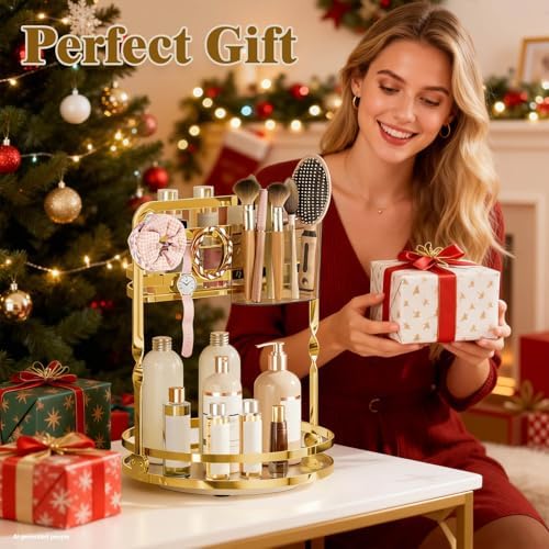 360° Rotating Makeup Organizer for Vanity, Gold Bathroom Organizer - Image 6