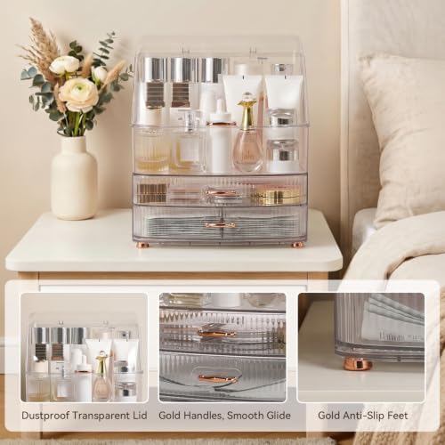Makeup Organizer Countertop for Vanity with Lid and 2 Drawers, Clear White - Image 4