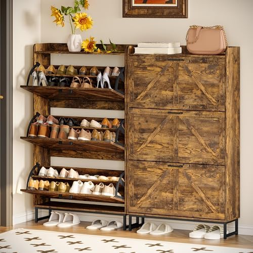 Wodeer Shoe Cabinet Storage for Entryway, Shoe Storage Cabinet with 4 Flip Drawers, Freestanding Narrow Shoe Rack Organizer with Metal Legs, Adjustable Shelves & Open Storage for Foyer, Hallway, White - Image 3
