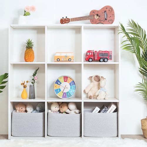 MINTWOOD Design 3-Pack Decorative Woven Storage Baskets for Shelves, Cube Bin Box for Organizing Books, Shoes, Dog Toys, Pantry Closet and Living Room Organizer, Light Gray Mix - Image 6