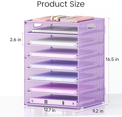 Lavatino 2 Pack 8-Tier Office Desk File Organizer, Letter Tray Paper Organizer with Handle, Including 5 Adjustable Slide Trays for Organizing Desk Workspace Accessories and Supplies (Purple Mesh) - Image 2