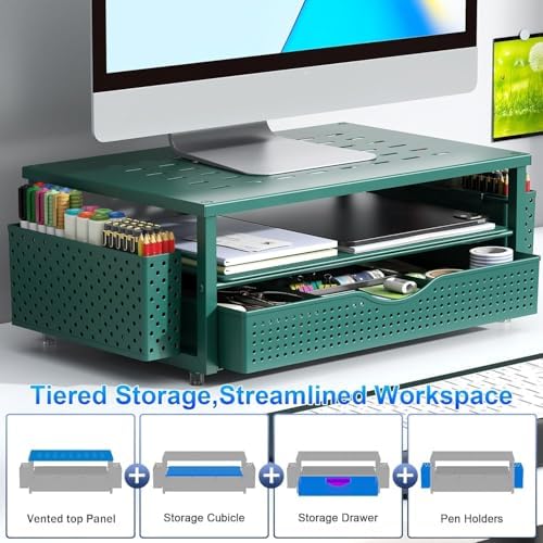 gianotter Desk Organizers and Accessories, Monitor Stand with Drawer and 2 Pen Holder, Desktop Organizer Suitable for Offices and Dormitories (Green) - Image 3
