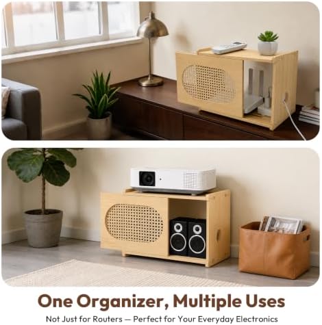 Natural Wood Router Box Hider with Rattan Doors, Tabletop Cable Management Cabinet to Hide Modem & Cords, Fits up to 11" H, 16"x10.4"x12" - Image 7