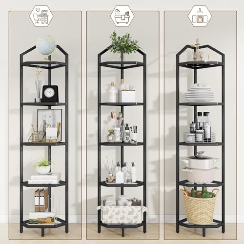 5-Tier Corner Shelf Stand, Black Corner Bookshelf, Bathroom Storage Rack Shelf, Plant Rack, Tempered Glass, Steel Frame, Modern Style for Living Room, Bathroom, Kitchen, Metallic Black - Image 5