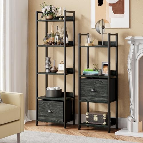 Furologee 4 Tier Bookshelf with Drawer, Small Narrow Bookcase, Black Oak - Image 2