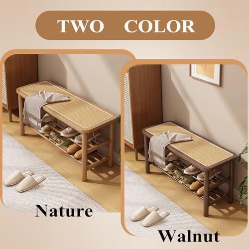SOBIBO Bamboo Shoe Rack Bench with Rattan Seat, 3-Tier Shoe Storage Bench, Entryway Bench for Hallway,Walnut 39.4 inches - Image 5