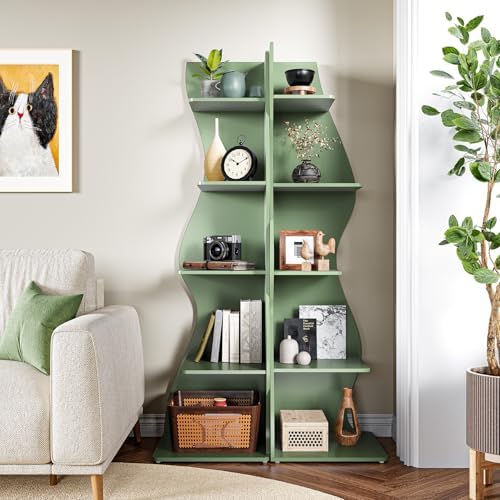 LITTLE TREE Small Corner Shelf, Modern 5-Tier Wall Corner Bookshelf, Stylish Bookcase Storage Rack for Small Space, Living Room, Bedroom, Green, 2 Pack - Image 5