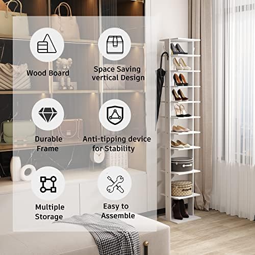 HOMEFORT 10-Tier Vertical Shoe Rack, Corner Shoe Tower, Slim Shoe Organizer with Two Hanging Hooks, Wooden Shoe Storage Stand for Entryway, Hallway, Closet (White) - Image 5