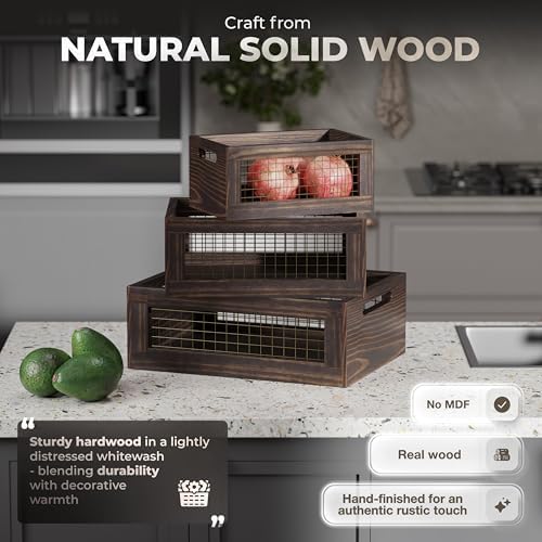 Set of 3 Extra Large Wooden Nesting Countertop Baskets, Rustic Wood Storage Organizer for Kitchen, Pantry or Bathroom – Fruit, Vegetables, Bread Crates with Handles (Largest 16") - Image 2