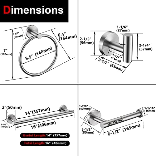 10 Pieces Brushed Nickel Bathroom Hardware Set Include 16inch Towel Bar,4pcsTowel Hooks,Toilet Paper Holder,Hand Towel Ring Round SUS304 Stainless Steel Bathroom Accessories Set - Image 7