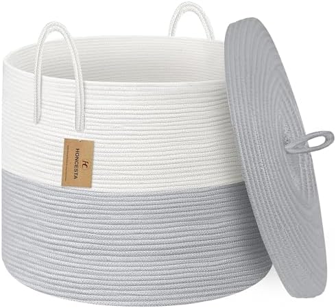 18" X 14" Large Wicker Basket with Lid, Blanket Basket Living Room, Woven Cotton Rope Storage Bin, Kids Dog Toy Storage Bin Box, Tall Laundry Hamper, Blankets Pillows Organizer Holder by HONCESTA