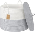 18" X 14" Large Wicker Basket with Lid, Blanket Basket Living Room, Woven Cotton Rope Storage Bin, Kids Dog Toy Storage Bin Box, Tall Laundry Hamper, Blankets Pillows Organizer Holder by HONCESTA