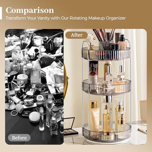 Aveniee 360° Rotating Makeup Organizer for Vanity, Upagraded Perfume Skincare Bathroom Counter Organizers with Brush Divider, 3 Tier Spinning Lipstick Cosmetic Lotion Storage,Grey - Image 5
