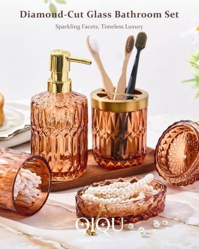 Bathroom Accessories Set, 5Pcs Clear Glass Bathroom Accessories, Soap Dispenser, Soap Dish, Toothbrush Holder Set, Tumbler, Qtips Holder for Vintage Crystal Bath Decor (Amber) - Image 2