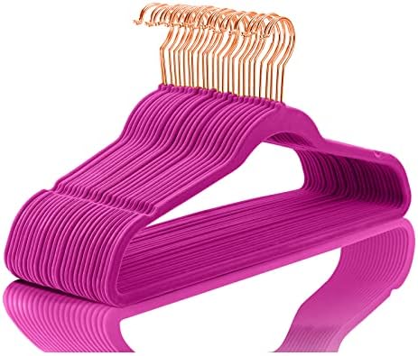 MIZGI Premium Velvet Hangers (Pack of 50) Heavyduty - Non Slip - Velvet Suit Hangers Pink - Copper/Rose Gold Hooks,Space Saving Clothes Hangers by MIZGI
