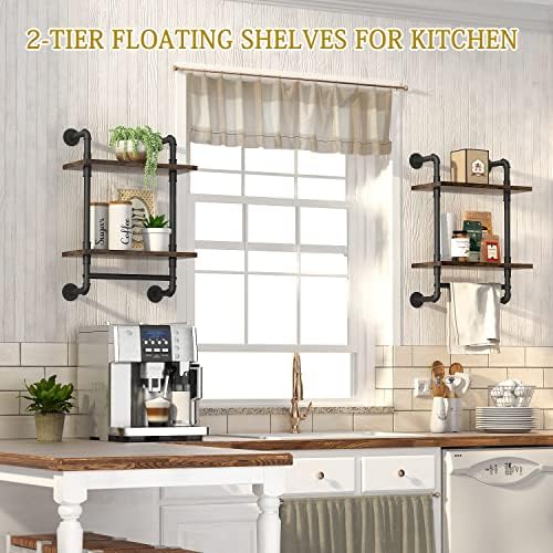 Helsin 2 Tier Industrial Pipe Floating Bathroom Shelves Wall Mounted with Towel Bar, Rustic Wood Wall Shelf, 16 Inch Metal Towel Rack Storage Bookshelf for Bathroom, Kitchen, Farmhouse, Living Room - Image 6